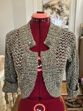 Chunky Openwork Metallic Gray Cropped Cardigan Sweater